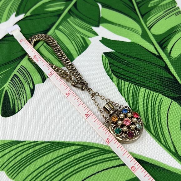 Vintage Gold Link Bracelet With Multi-Color Gem Perfume Holder Charm - Picture 9 of 12